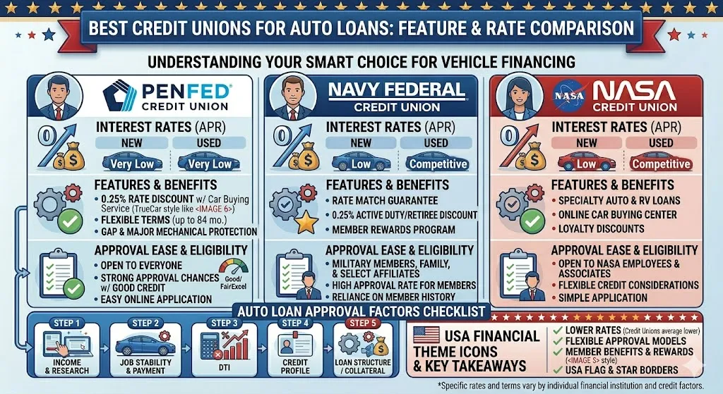 Infographic listing top credit unions for auto loans in the USA including PenFed Navy Federal and NASA Federal with their benefits and loan features