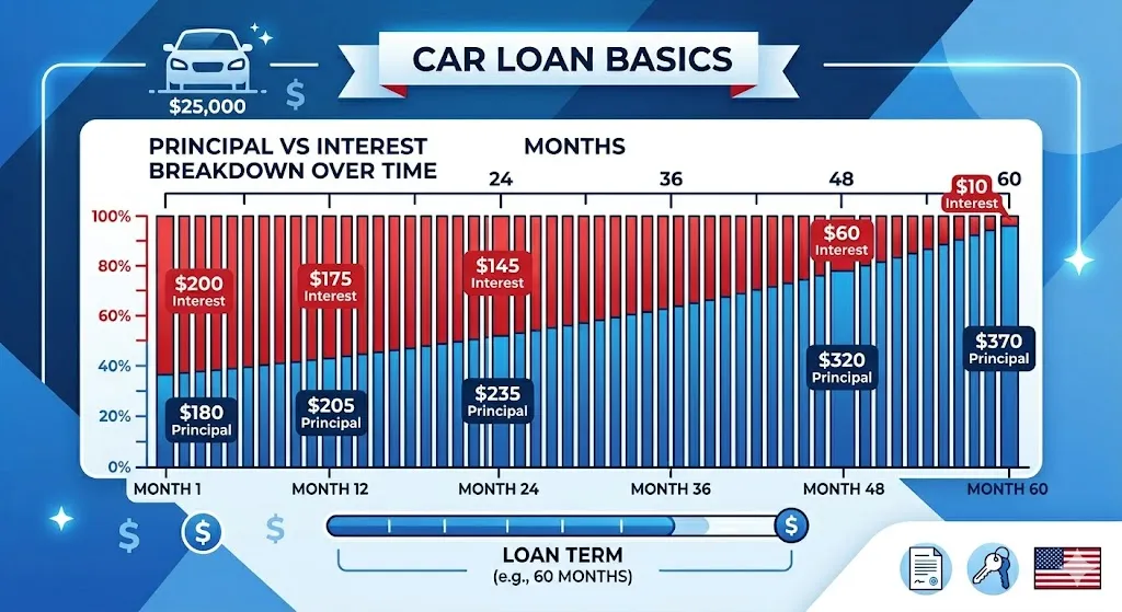 Infographic showing how monthly car payments split between principal and interest, with interest decreasing and principal increasing over time