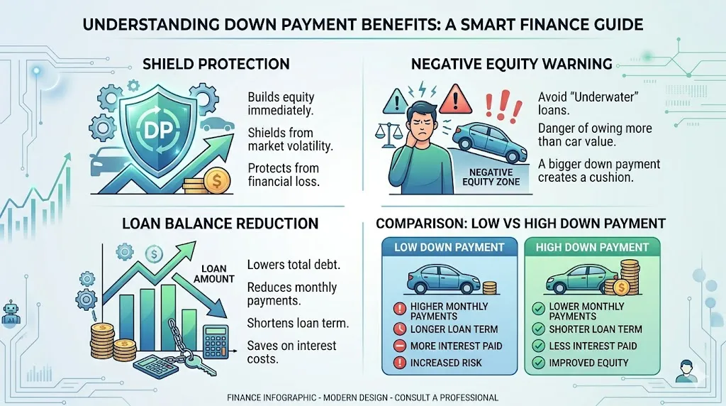 Infographic explaining benefits of down payment including avoiding negative equity, lowering loan balance, reducing risk, and increasing financial flexibility